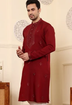 Embroidered Viscose Silk Kurta in Maroon