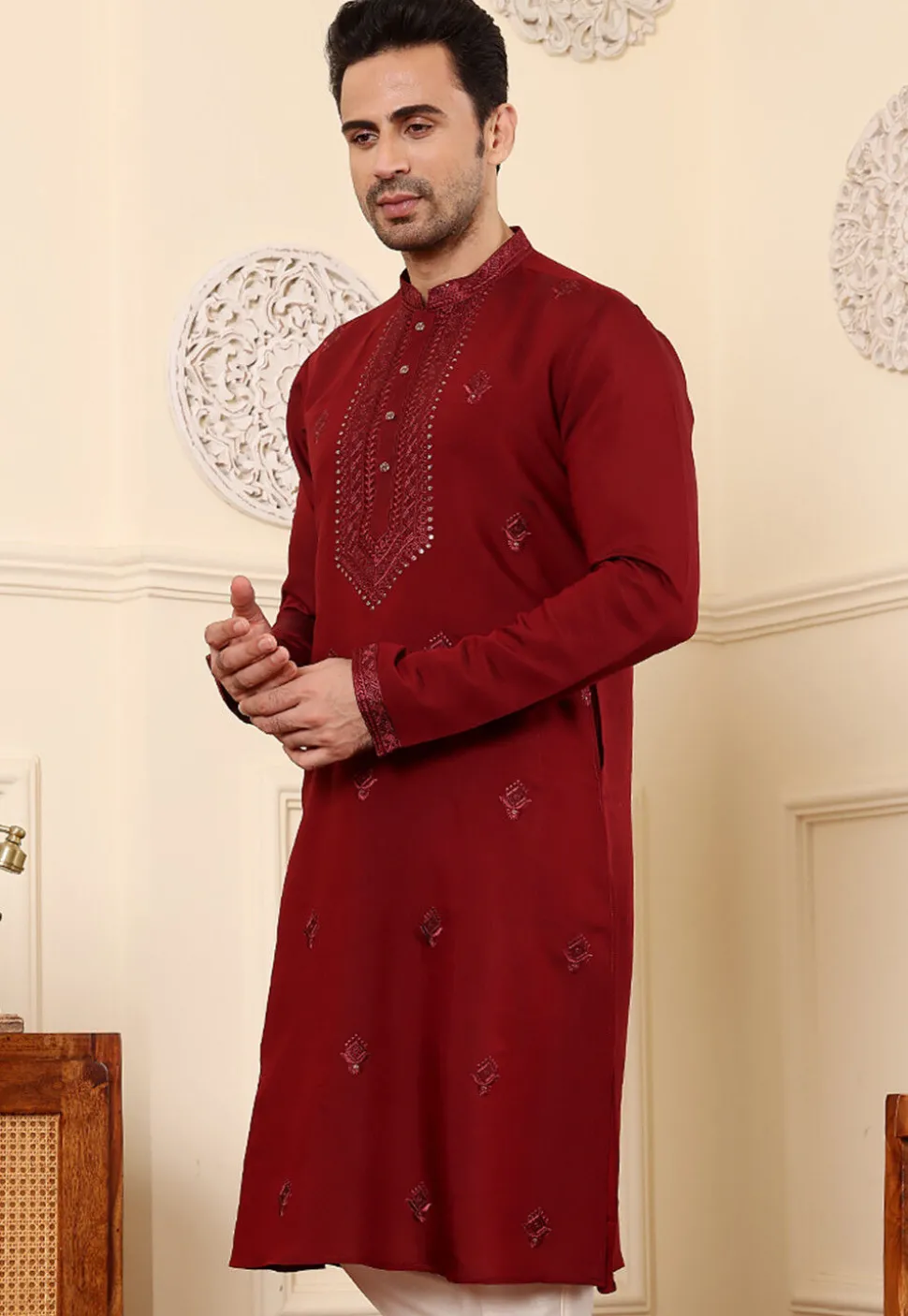 Embroidered Viscose Silk Kurta in Maroon