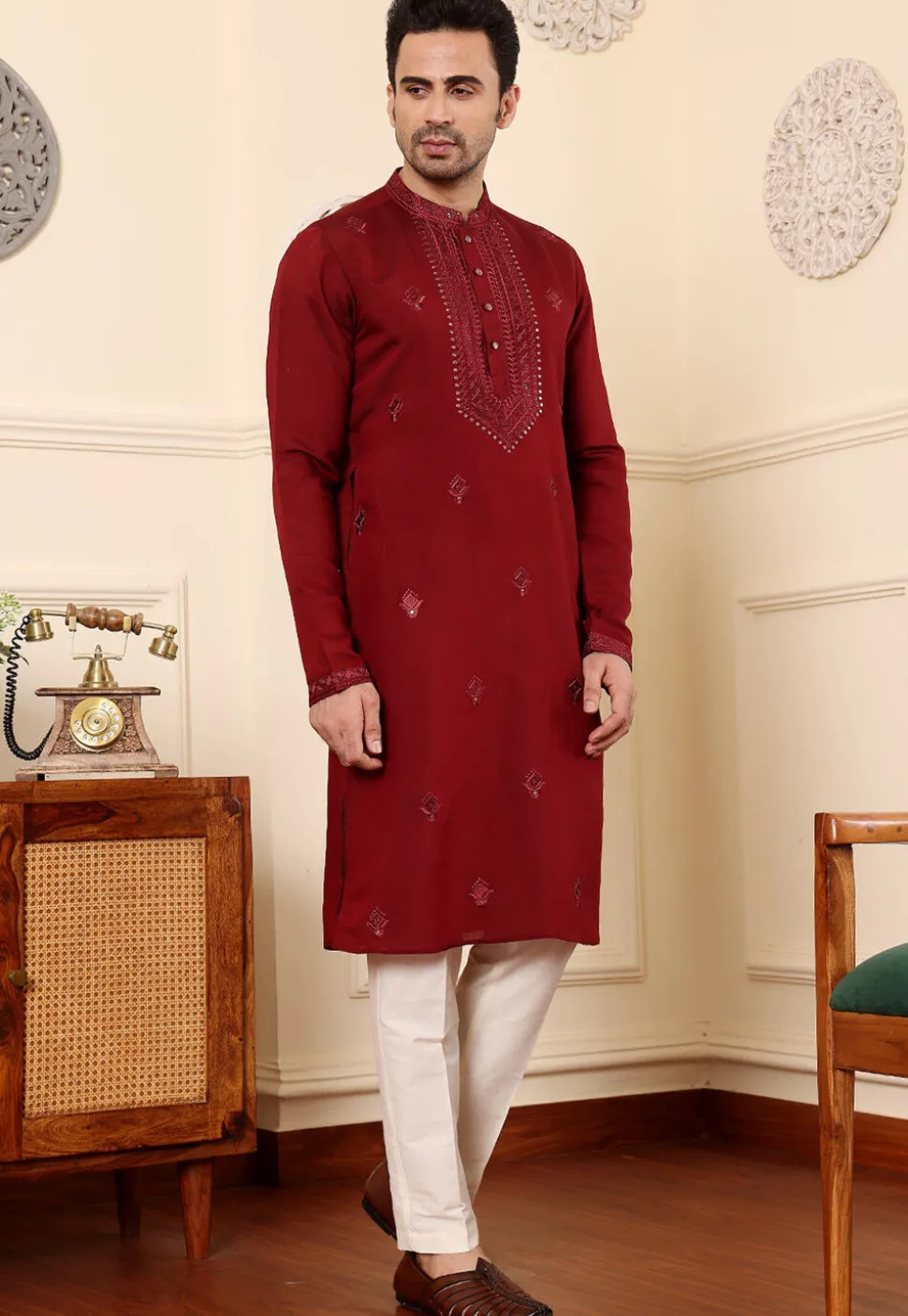 Embroidered Viscose Silk Kurta in Maroon
