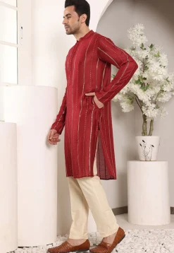 Embroidered Viscose Silk Kurta Set in Red