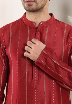 Embroidered Viscose Silk Kurta Set in Red