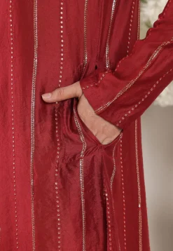Embroidered Viscose Silk Kurta Set in Red
