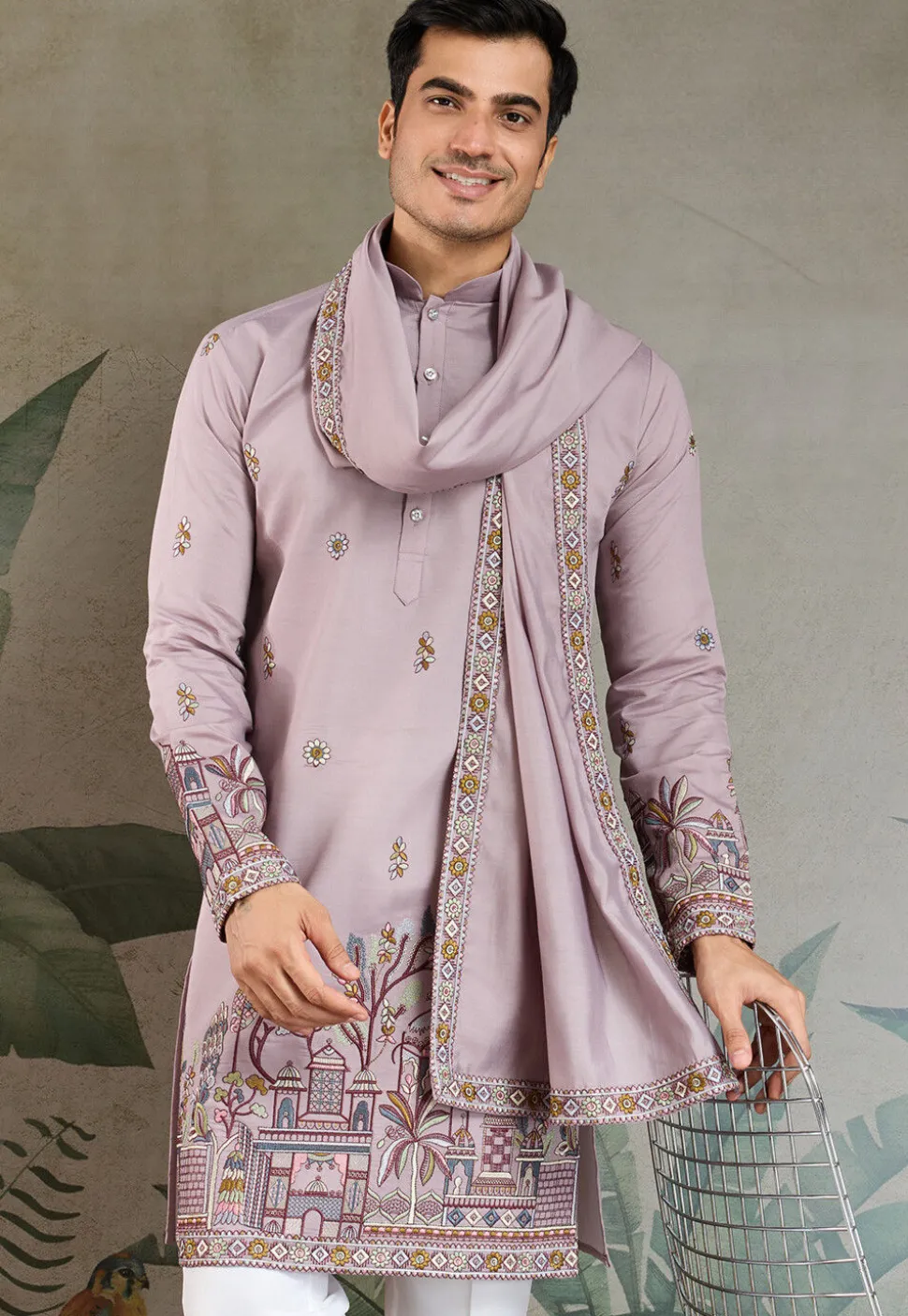 Embroidered Viscose Silk Kurta in Purple