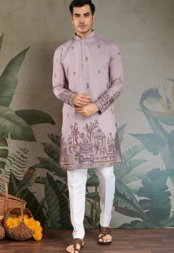 Embroidered Viscose Silk Kurta in Purple