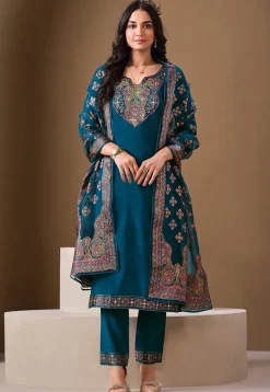 Embroidered Viscose Silk Pakistani Suit in Teal Blue