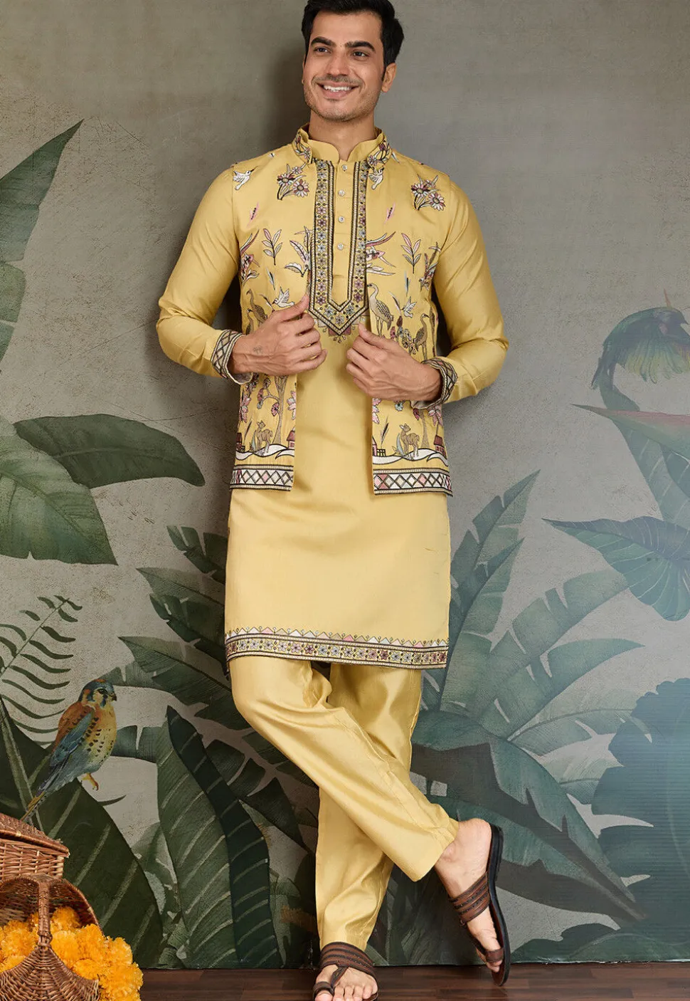 Embroidered Viscose Silk Kurta Set in Yellow