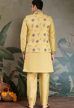 Embroidered Viscose Silk Kurta Set in Yellow