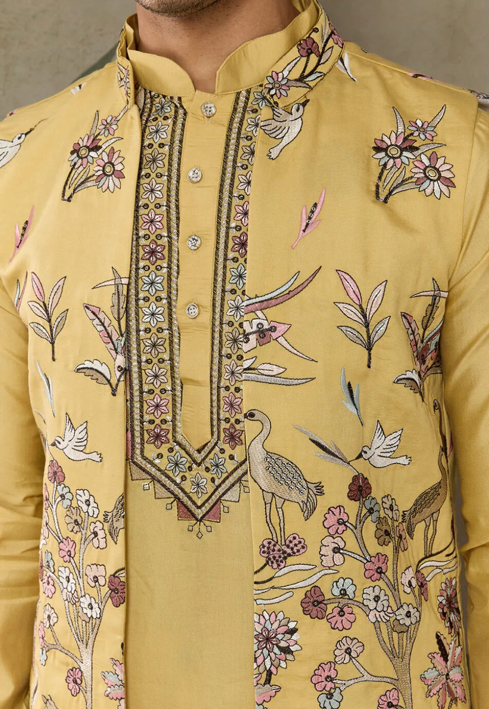 Embroidered Viscose Silk Kurta Set in Yellow