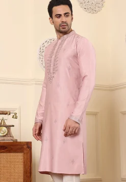 Embroidered Viscose Silk Kurta in Pink