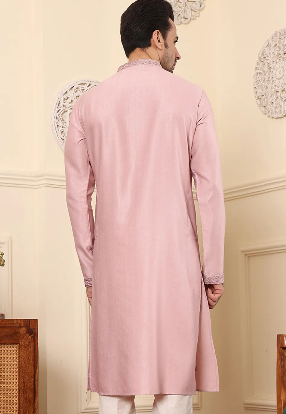 Embroidered Viscose Silk Kurta in Pink