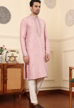 Embroidered Viscose Silk Kurta in Pink
