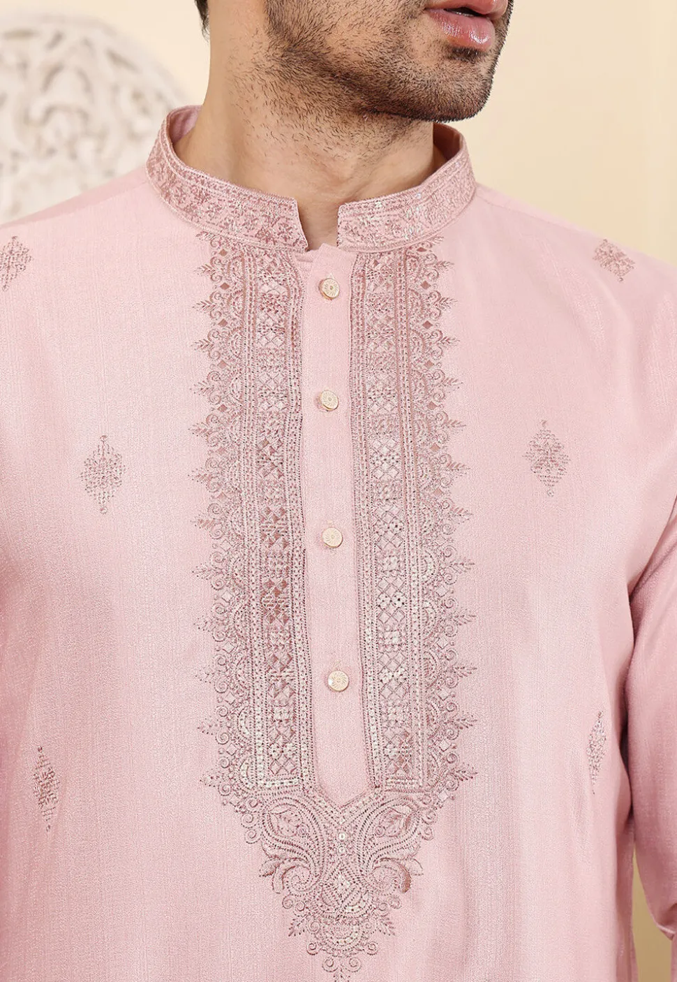 Embroidered Viscose Silk Kurta in Pink