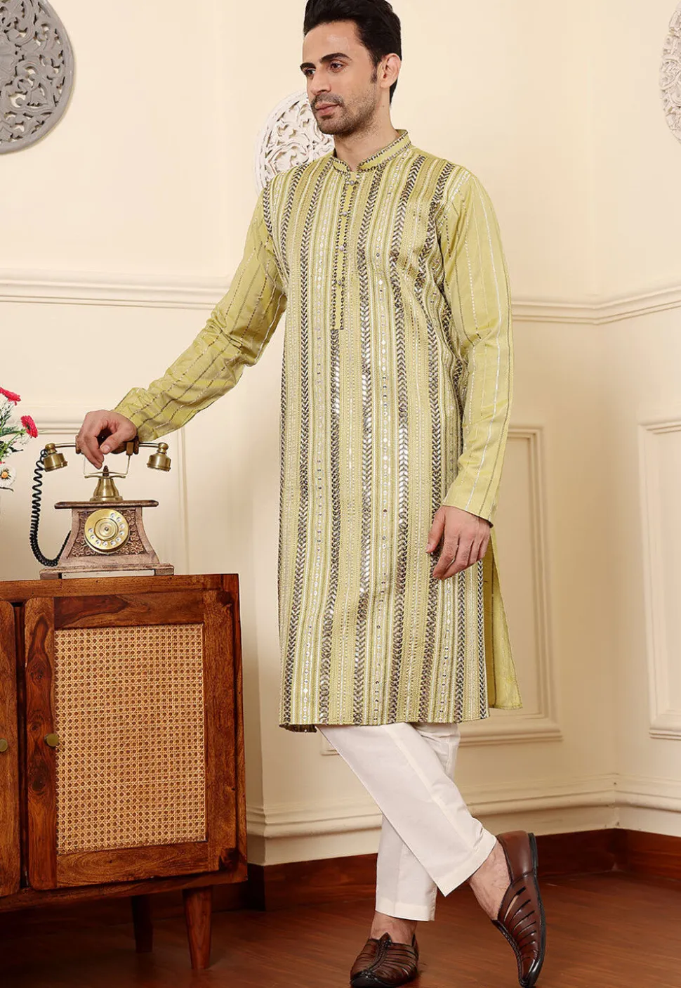 Embroidered Viscose Silk Kurta Set in Light Green