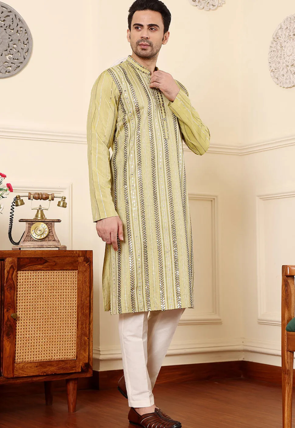 Embroidered Viscose Silk Kurta Set in Light Green