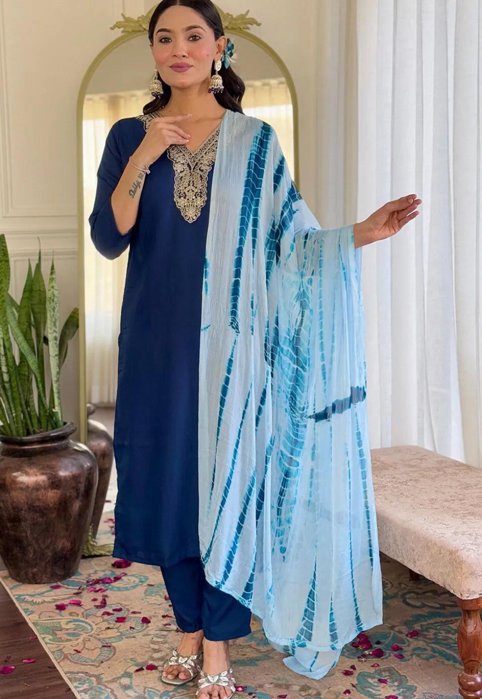 Embroidered Viscose Silk Pakistani Suit in Dark Blue