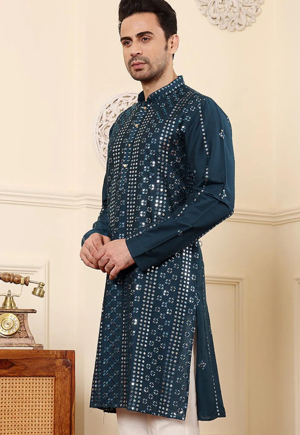 Embroidered Viscose Silk Kurta in Teal Blue