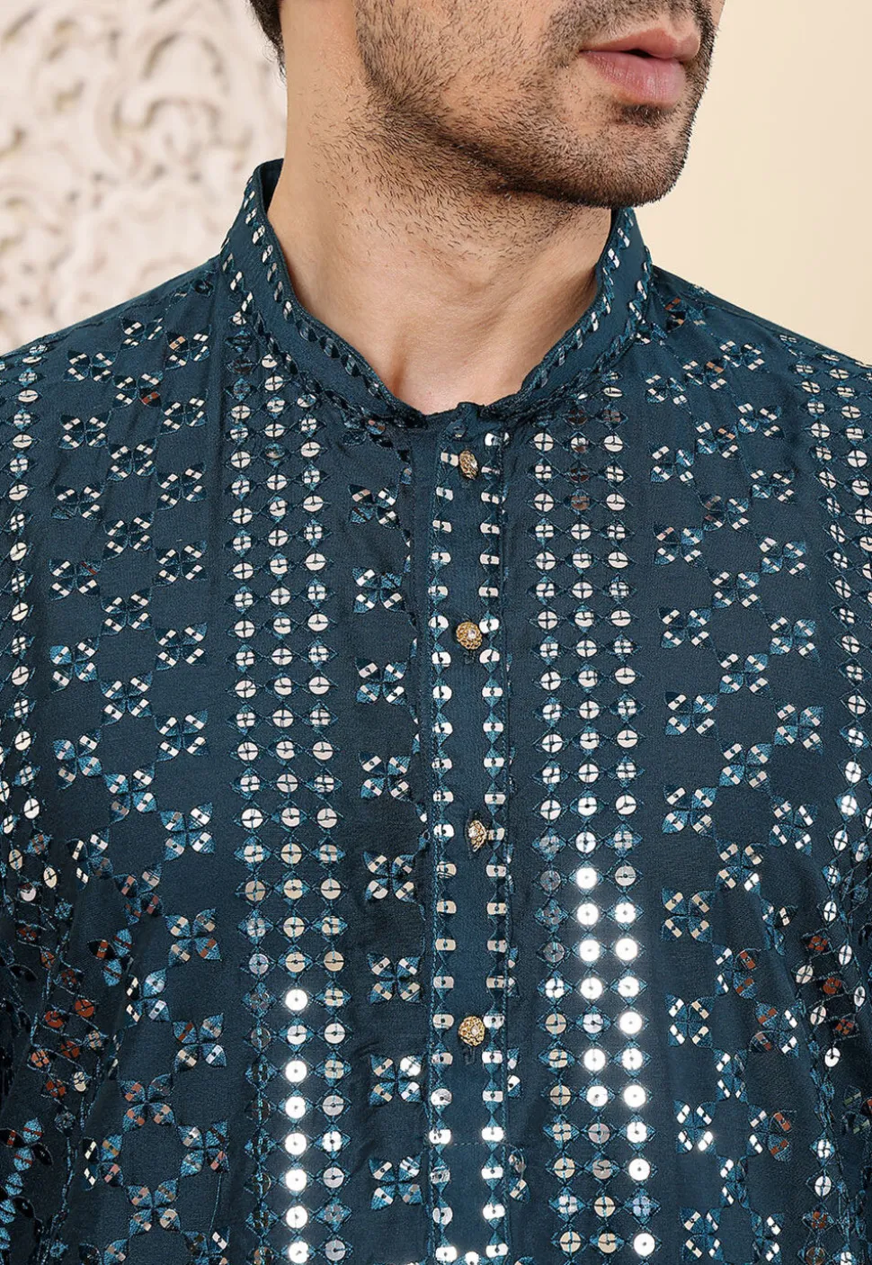 Embroidered Viscose Silk Kurta in Teal Blue