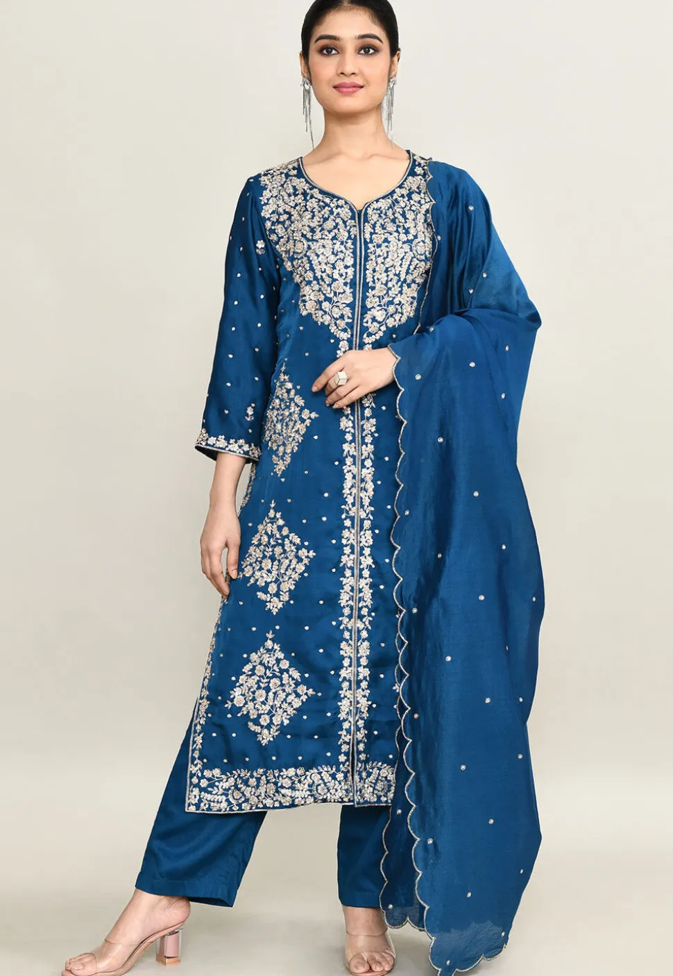 Embroidered Viscose Silk Pakistani Suit in Teal Blue