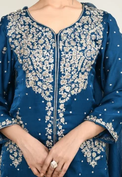 Embroidered Viscose Silk Pakistani Suit in Teal Blue