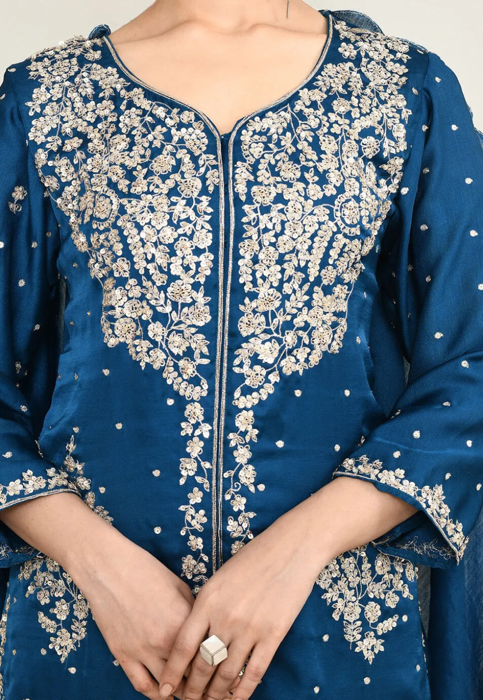Embroidered Viscose Silk Pakistani Suit in Teal Blue