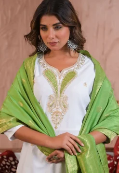 Embroidered Viscose Silk Pakistani Suit in Off White