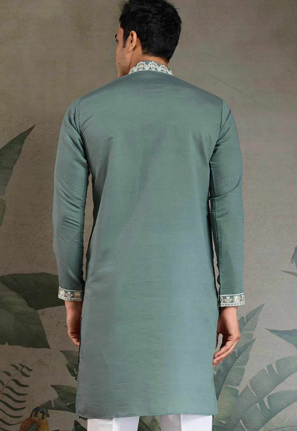 Embroidered Viscose Silk Kurta in Dusty Green