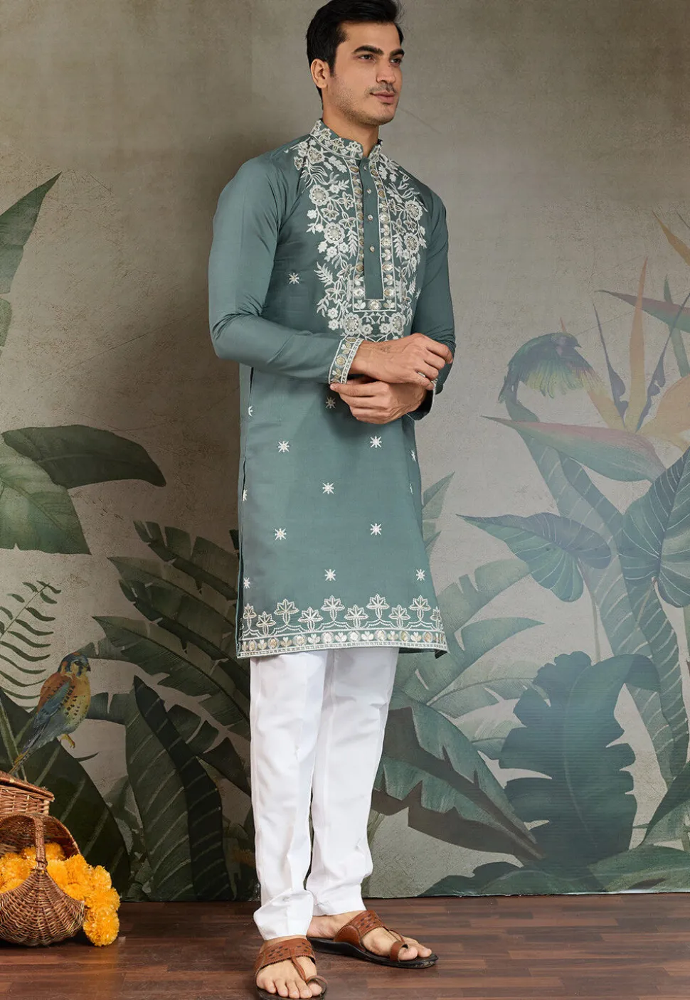 Embroidered Viscose Silk Kurta in Dusty Green