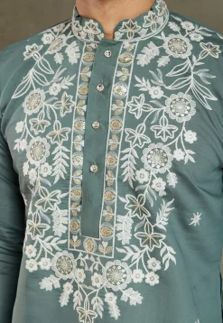 Embroidered Viscose Silk Kurta in Dusty Green