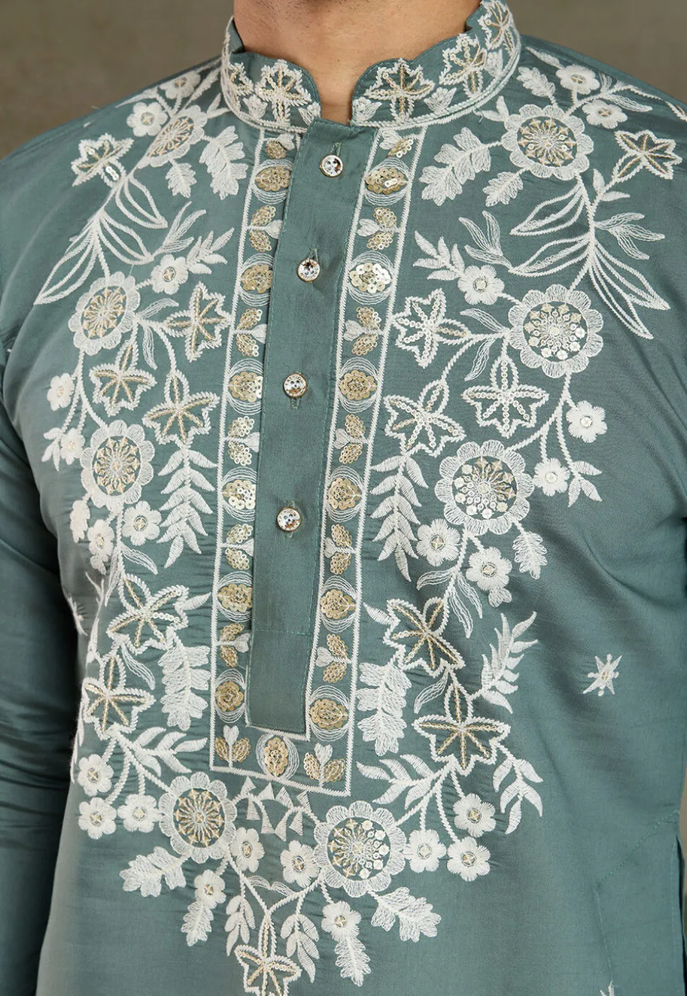 Embroidered Viscose Silk Kurta in Dusty Green