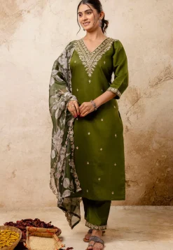 Embroidered Viscose Silk Pakistani Suit in Olive Green