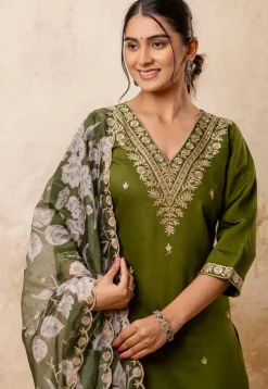 Embroidered Viscose Silk Pakistani Suit in Olive Green