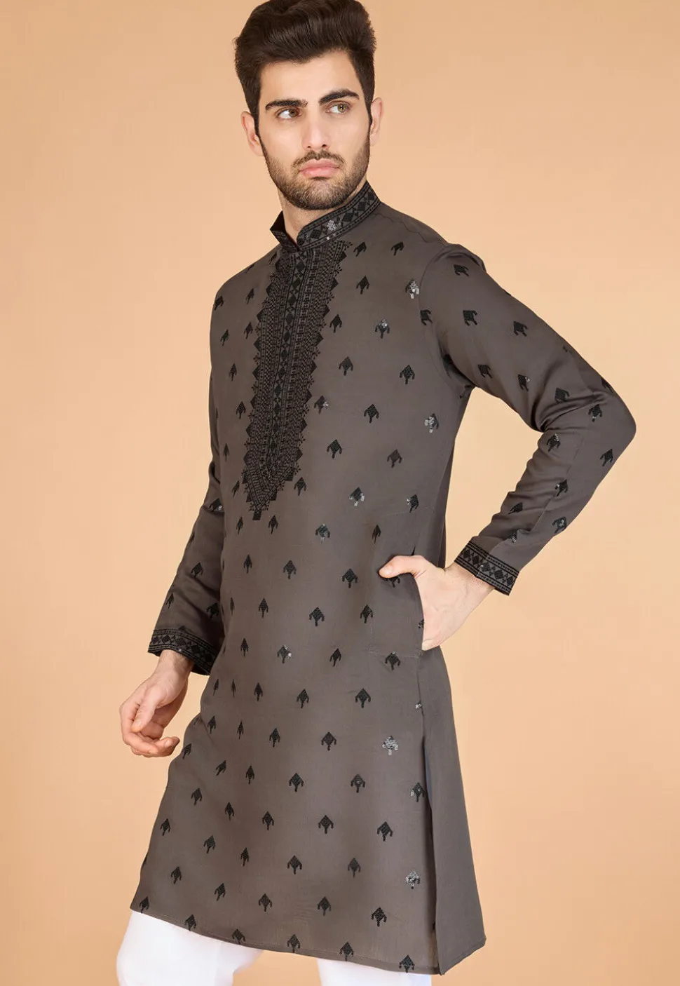 Embroidered Viscose Silk Kurta in Grey