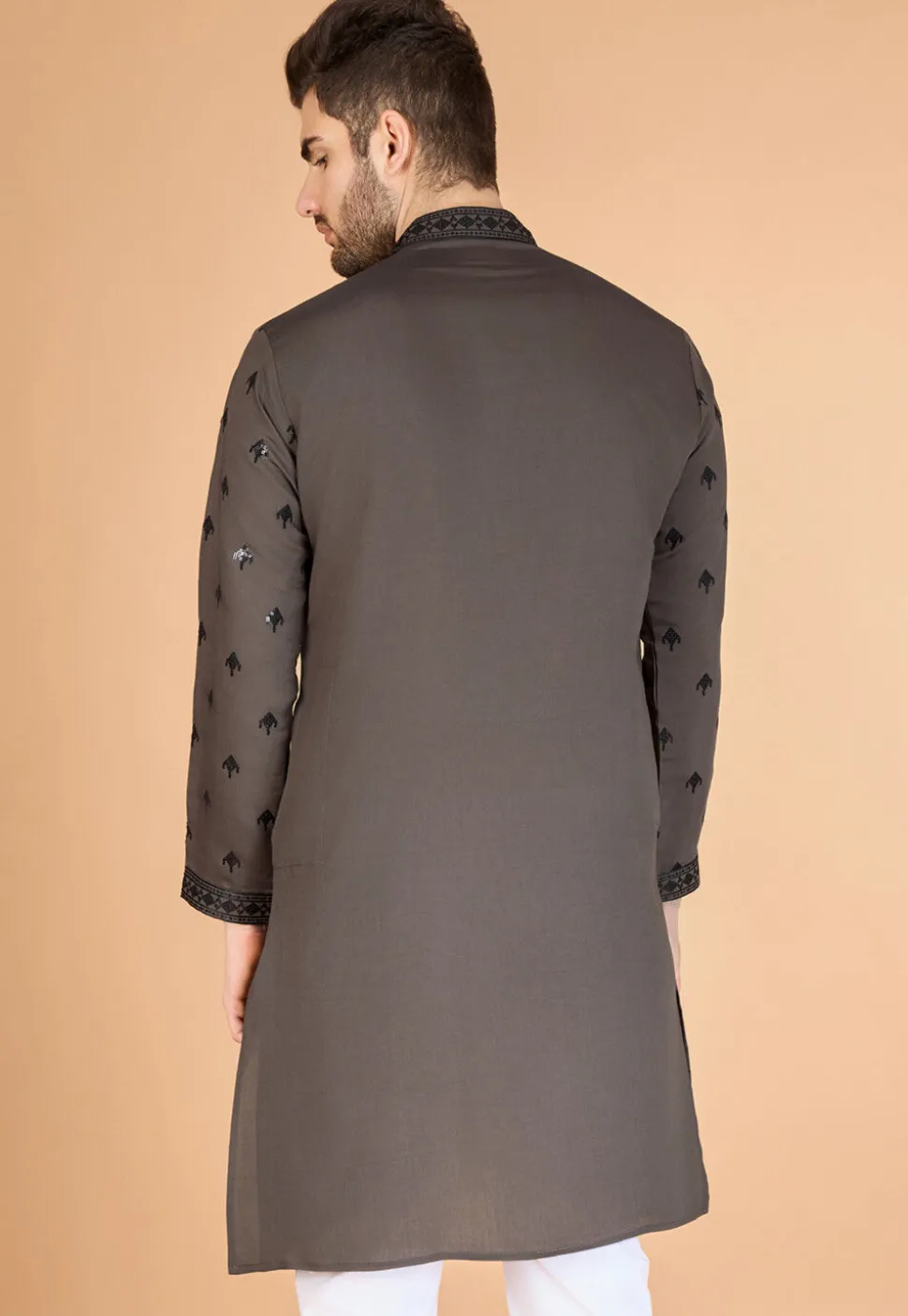 Embroidered Viscose Silk Kurta in Grey