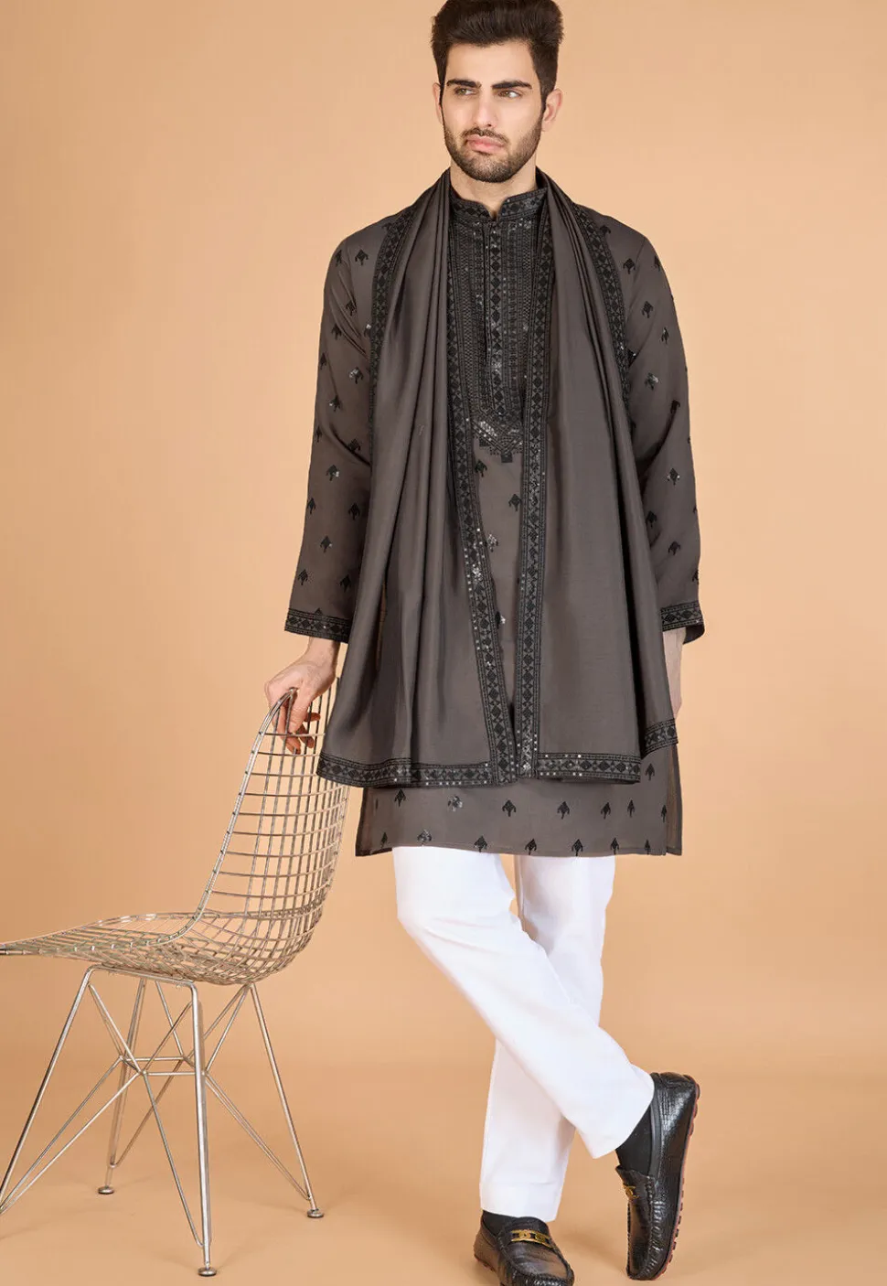 Embroidered Viscose Silk Kurta in Grey