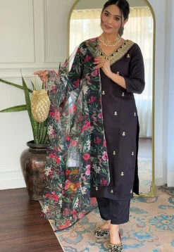 Embroidered Viscose Silk Pakistani Suit in Black