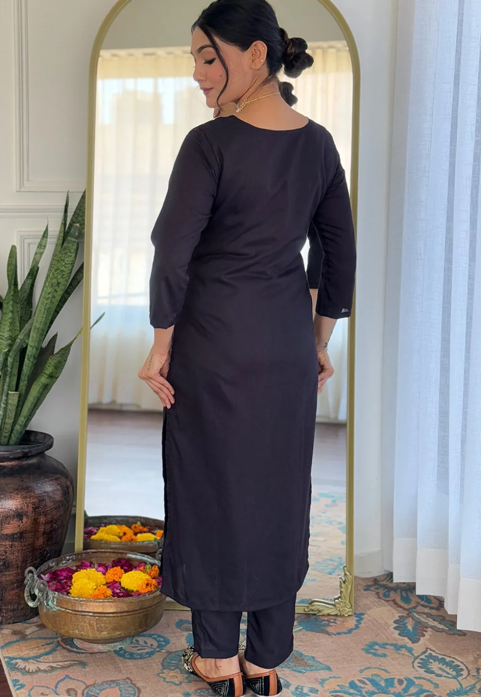 Embroidered Viscose Silk Pakistani Suit in Black