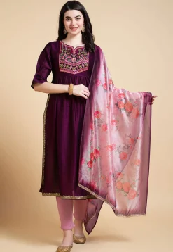 Embroidered Viscose Silk Pakistani Suit in Purple