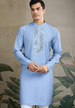 Embroidered Viscose Silk Kurta in Blue