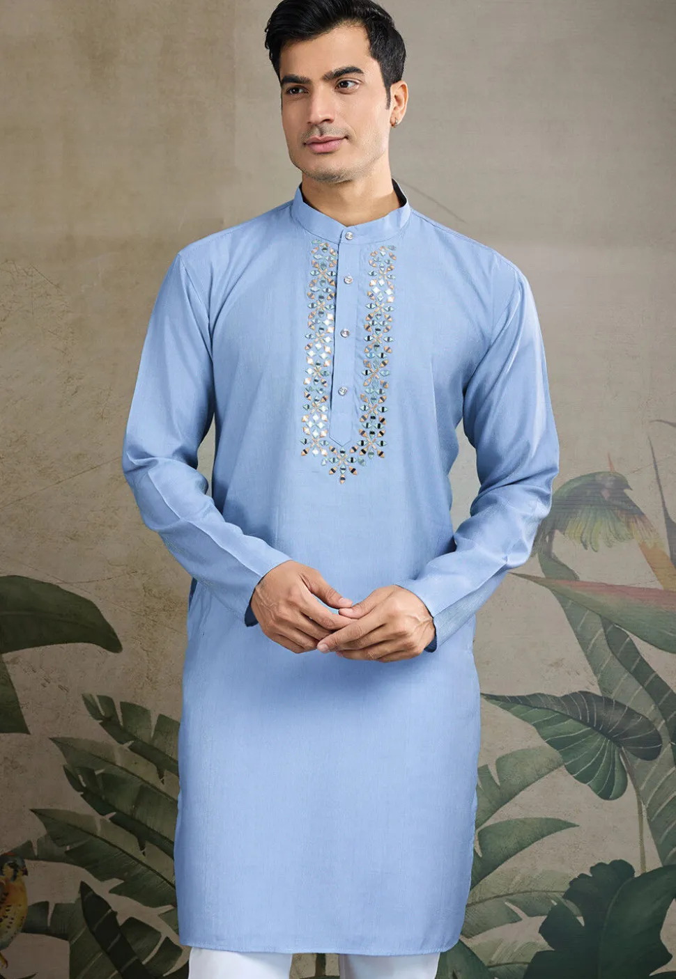 Embroidered Viscose Silk Kurta in Blue