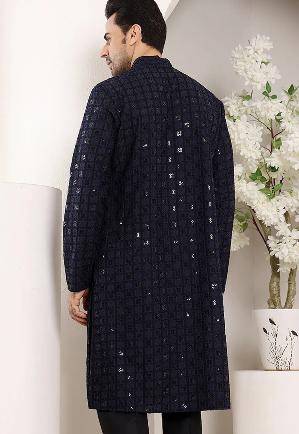 Embroidered Viscose Silk Kurta in Navy Blue