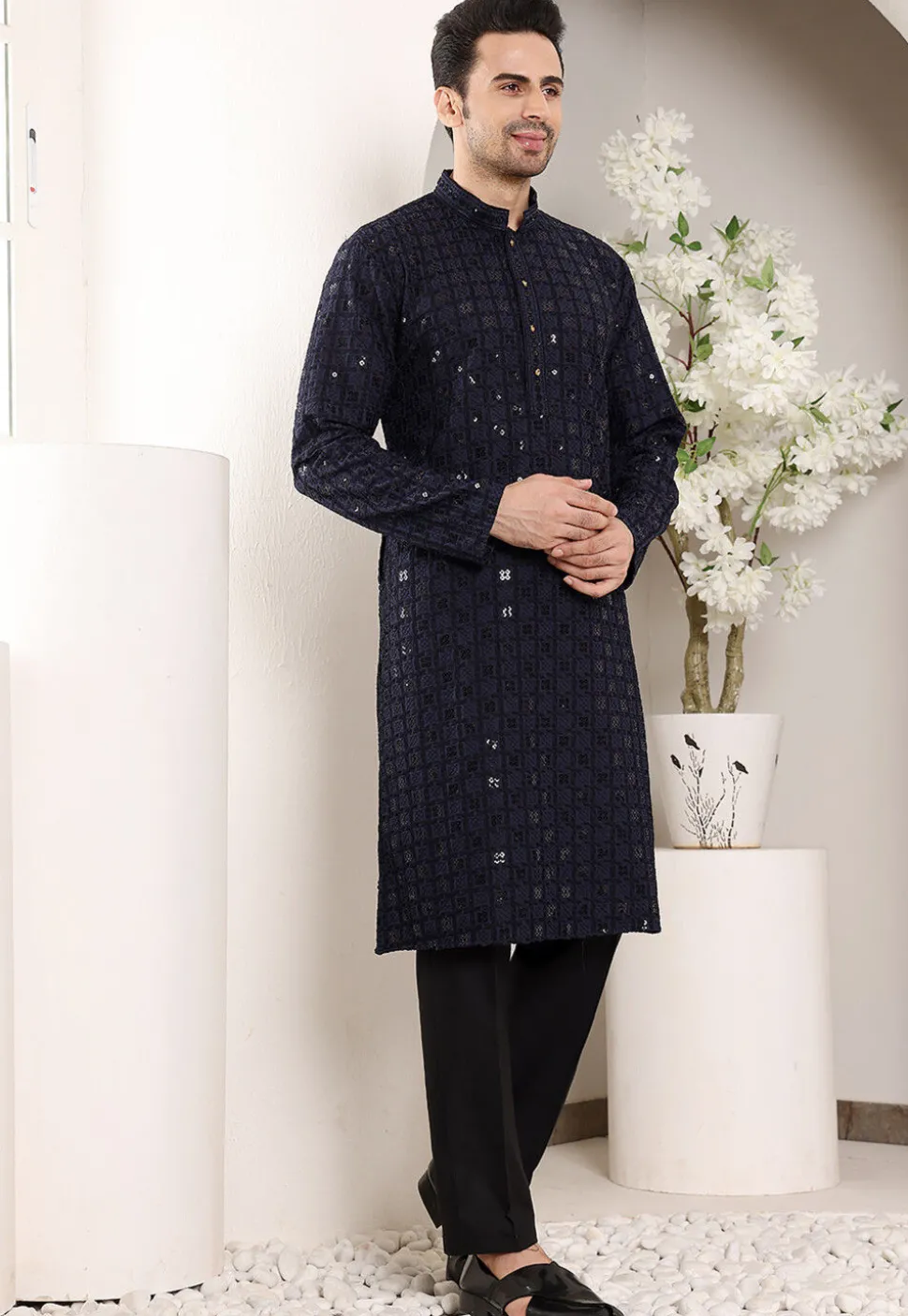 Embroidered Viscose Silk Kurta in Navy Blue