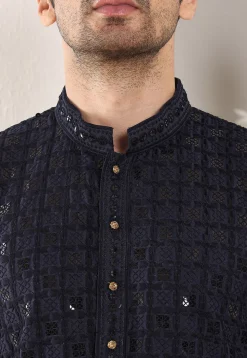Embroidered Viscose Silk Kurta in Navy Blue