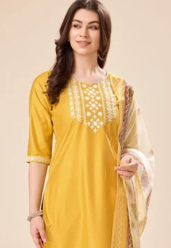 Embroidered Viscose Silk Pakistani Suit in Mustard