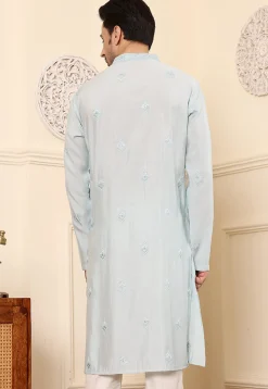 Embroidered Viscose Silk Kurta in Light Blue