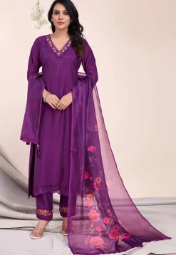 Embroidered Viscose Silk Pakistani Suit in Purple