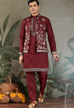 Embroidered Viscose Silk Kurta Set in Maroon