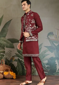 Embroidered Viscose Silk Kurta Set in Maroon