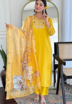 Embroidered Viscose Silk Pakistani Suit in Yellow