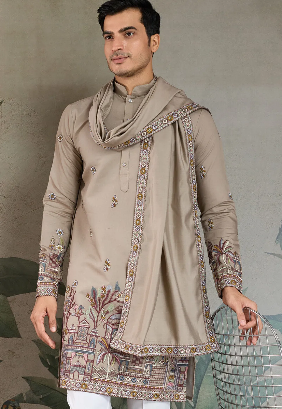 Embroidered Viscose Silk Kurta in Grey