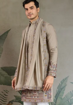Embroidered Viscose Silk Kurta in Grey
